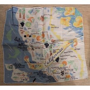 Vintage Hanky Handkerchief CALIFORNIA Map State Attractions Las Vegas Tahoe